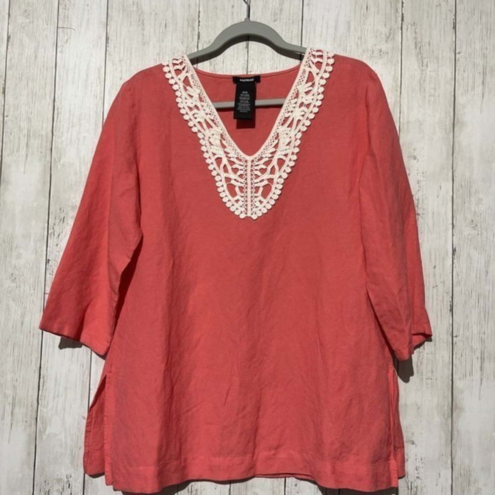 Premise M Tunic Women Coral Excellent Linen Blend Crochet Lace V-Neck 3/4 Sleeve